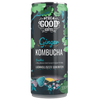 The Good Guys Sokeriton Kombucha Inkivääri; 330 ml:n tölkki inkiväärikombutshalle kasvi-, puu- ja perhoskuvituksin tummalla taustalla; lieriön muotoinen metallitölkki mattapintaisena, selkeitä lohko- ja kaarevia kirjasintyylejä pääetiketissä; teksti kertoo sokerittomuudesta, runsaista probiooteista ja inkiväärillä valmistamisesta; neutraali tausta, ei ihmisiä tai käsiä, studiokuva.