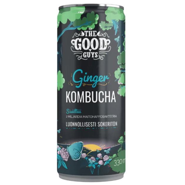 The Good Guys Sokeriton Kombucha Inkivääri; 330 ml:n tölkki inkiväärikombutshalle kasvi-, puu- ja perhoskuvituksin tummalla taustalla; lieriön muotoinen metallitölkki mattapintaisena, selkeitä lohko- ja kaarevia kirjasintyylejä pääetiketissä; teksti kertoo sokerittomuudesta, runsaista probiooteista ja inkiväärillä valmistamisesta; neutraali tausta, ei ihmisiä tai käsiä, studiokuva.