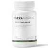 THERA Nordic Bacti-Balance; valkoinen muovipullo, jossa lukee "THERA NORDIC Bacti-Balance", sisältää 60 kapselia; etiketissä painettua suomenkielistä tekstiä, ainesosina valkosipuli ja oreganoöljy; pullo on sylinterinmuotoinen, mattapintainen ja valkoisella kierrekorkilla; tuotenimessä groteskikirjasin; tausta yksivärinen ja tasaisesti valaistu.