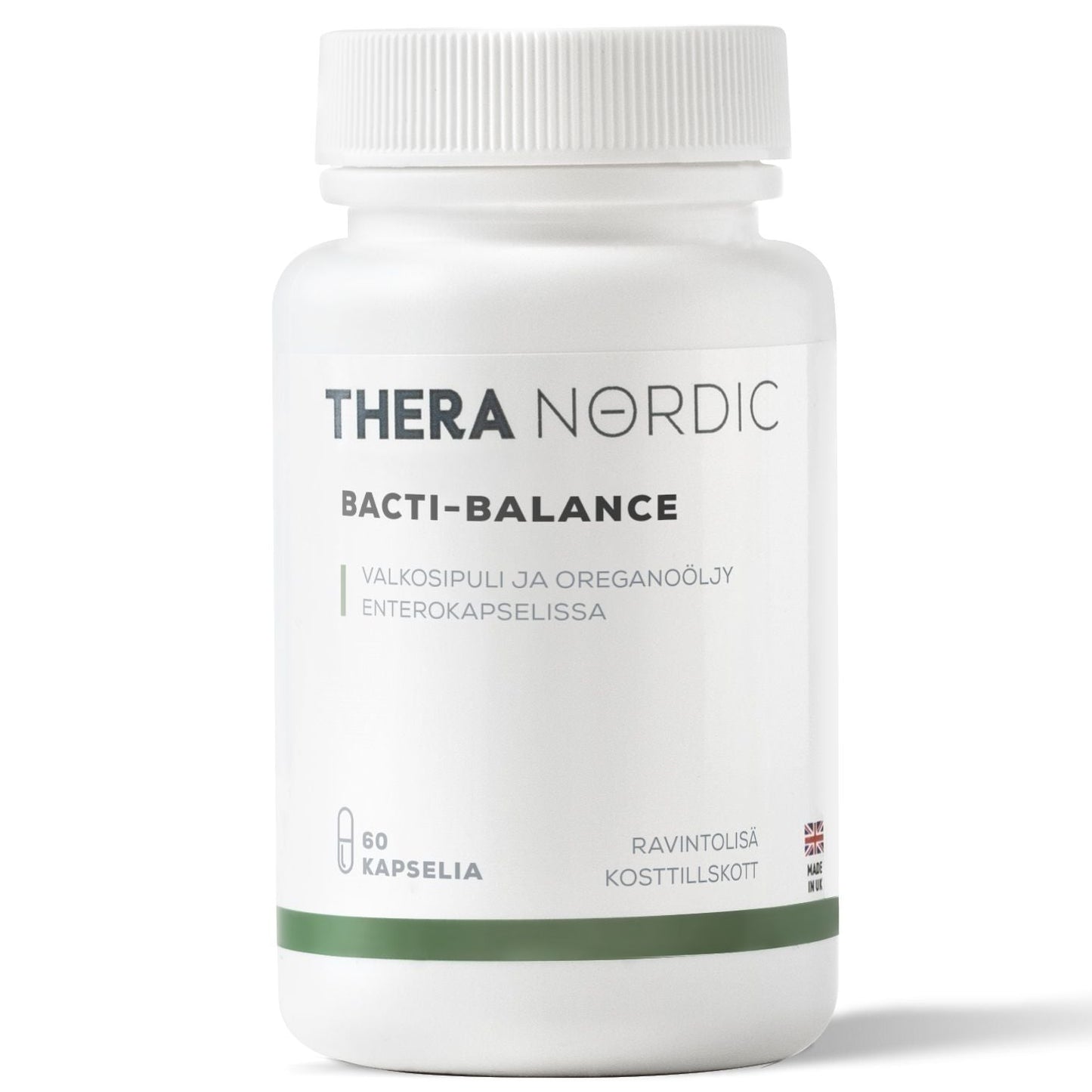 THERA Nordic Bacti-Balance; valkoinen muovipullo, jossa lukee "THERA NORDIC Bacti-Balance", sisältää 60 kapselia; etiketissä painettua suomenkielistä tekstiä, ainesosina valkosipuli ja oreganoöljy; pullo on sylinterinmuotoinen, mattapintainen ja valkoisella kierrekorkilla; tuotenimessä groteskikirjasin; tausta yksivärinen ja tasaisesti valaistu.