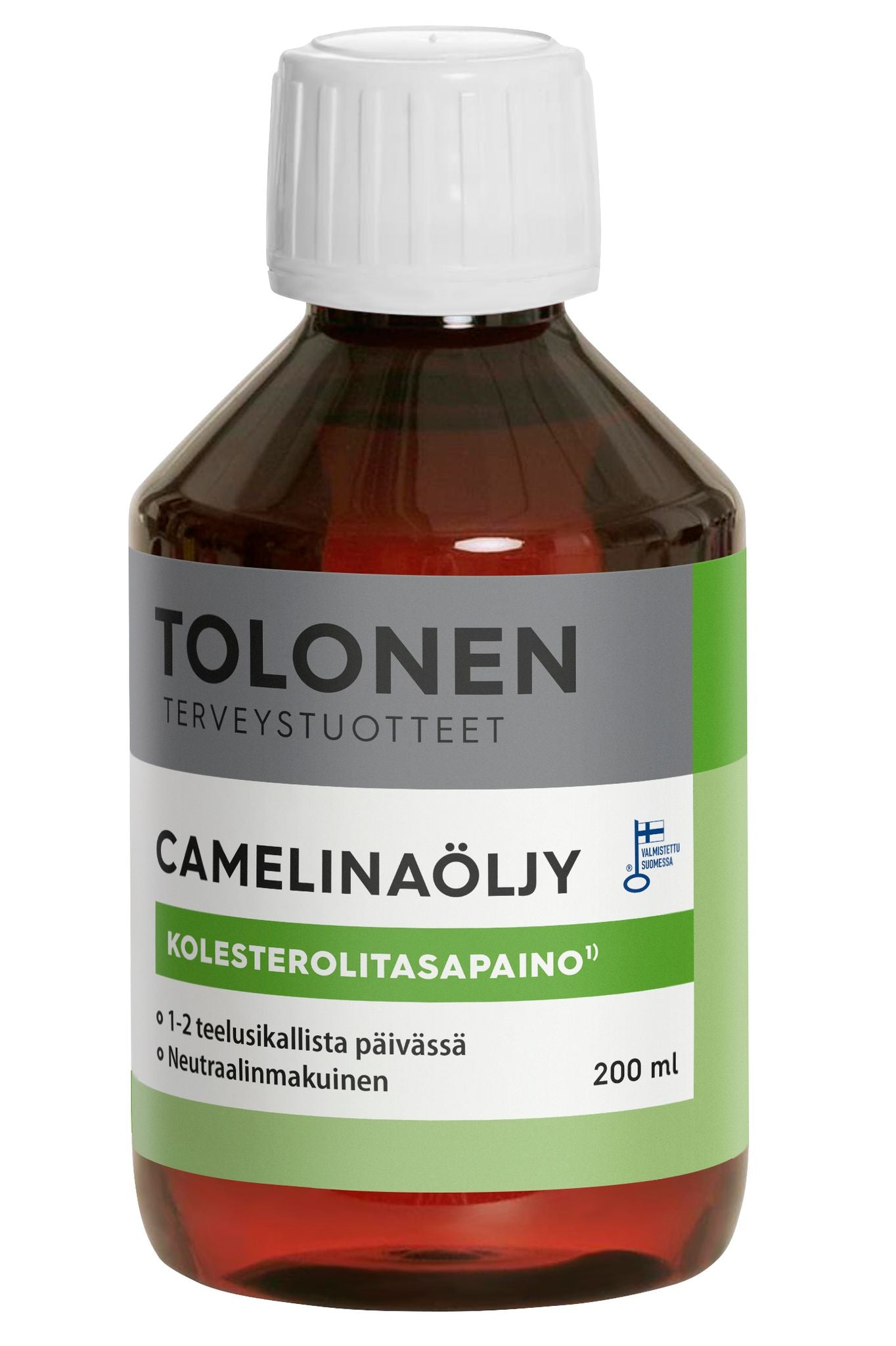 Tolonen Camelinaöljy, ruskea muovipullo pyöristetyin hartioin ja kiiltäväpinnalla, päällä litteä valkoinen kierrekorkki; etusivun etiketissä teksti "Tolonen Camelinaöljy" lihavoiduin mustin kirjaimin sekä lisää suomenkielistä tekstiä pienemmällä fontilla; pieni Suomen lipun logo etiketin oikealla puolella; tausta valkoinen, ei ihmisiä eikä käsiä näkyvissä.