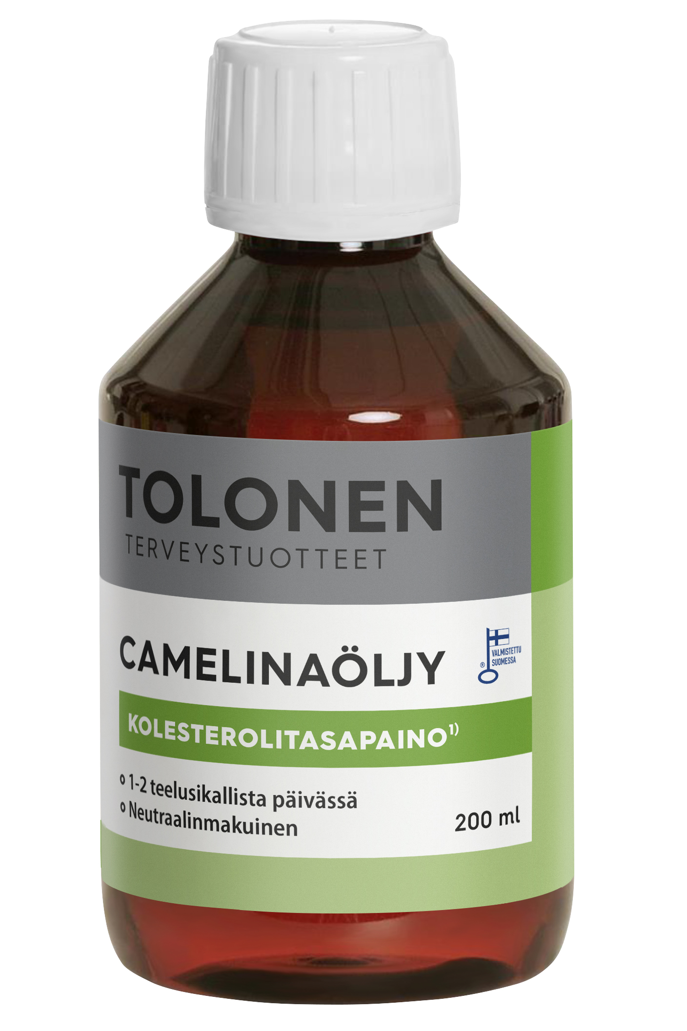 Tolonen Camelinaöljy, ruskea muovipullo pyöristetyin hartioin ja kiiltäväpinnalla, päällä litteä valkoinen kierrekorkki; etusivun etiketissä teksti "Tolonen Camelinaöljy" lihavoiduin mustin kirjaimin sekä lisää suomenkielistä tekstiä pienemmällä fontilla; pieni Suomen lipun logo etiketin oikealla puolella; tausta valkoinen, ei ihmisiä eikä käsiä näkyvissä.