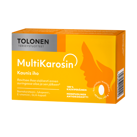 Tolonen MultiKarosin; rasia Tolonen MultiKarosin -ravintolisää suomenkielisin tekstein, koentsyymi Q10 korostettuna oranssi-keltaisessa muotoilussa, pakkauksessa naisen kasvojen siluetti; suorakaiteen muotoinen pahvirasia pääosin valkoinen mattapinnalla, lihavoitua groteskikirjasinta mustana ja oranssina, suuri tuotenimi etusivun yläosassa; kuvattu neutraalia taustaa vasten, ei ihmisiä tai käsiä.