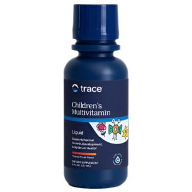 Trace Minerals Childrens Kids Multi; tummansininen pullo, jossa lukee trace Childrens Multivitamin Liquid, etiketissä värikkäitä sarjakuvahahmoja, tukee normaalia kasvua ja kehitystä; pullo on sylinterinmuotoinen kiiltäväpinnalla ja mustalla korkilla; tausta valkoinen; teksti sisältää merkin nimen, tuotetyypin, lapsiystävällistä kuvitusta ja annostustietoja selkeällä groteskifontilla; ei ihmisiä tai käsiä näkyvissä.