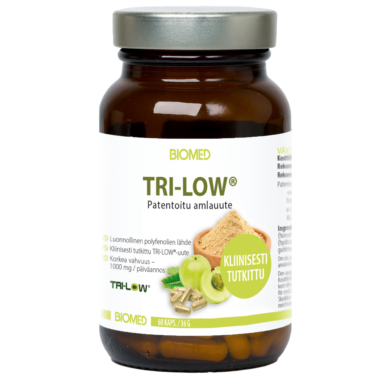 Biomed Tri-Low® Amlauute; ruskea lasipurkki tekstillä TRI-LOW vihrein aksentein, sisältää 60 kapselia; lieriömäinen purkki mattapintaisella etiketillä, jossa kuvia paahdetusta leivästä ja vihreistä lehdistä; teksti suomeksi joitakin englanninkielisiä sanoja sisältäen; BIOMED-brändäys näkyvissä etiketissä; tuote kuvattu valkoisella taustalla, ei ihmisiä tai käsiä.