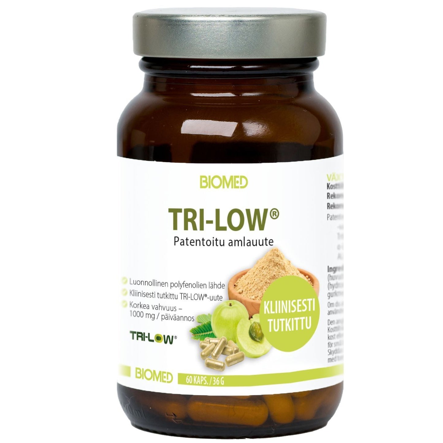 Biomed Tri-Low® Amlauute; ruskea lasipurkki tekstillä TRI-LOW vihrein aksentein, sisältää 60 kapselia; lieriömäinen purkki mattapintaisella etiketillä, jossa kuvia paahdetusta leivästä ja vihreistä lehdistä; teksti suomeksi joitakin englanninkielisiä sanoja sisältäen; BIOMED-brändäys näkyvissä etiketissä; tuote kuvattu valkoisella taustalla, ei ihmisiä tai käsiä.