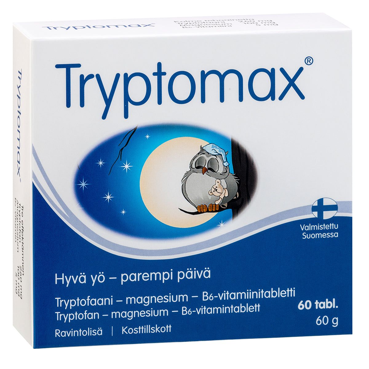 Tryptomax-ravintolisän pakkaus, kuvitettuna nukkuva pöllö oksalla kuunsirpin ja tähtien alla; sininen-valkoinen suorakaiteen muotoinen mattapintainen rasia, teksti suomeksi ja ruotsiksi