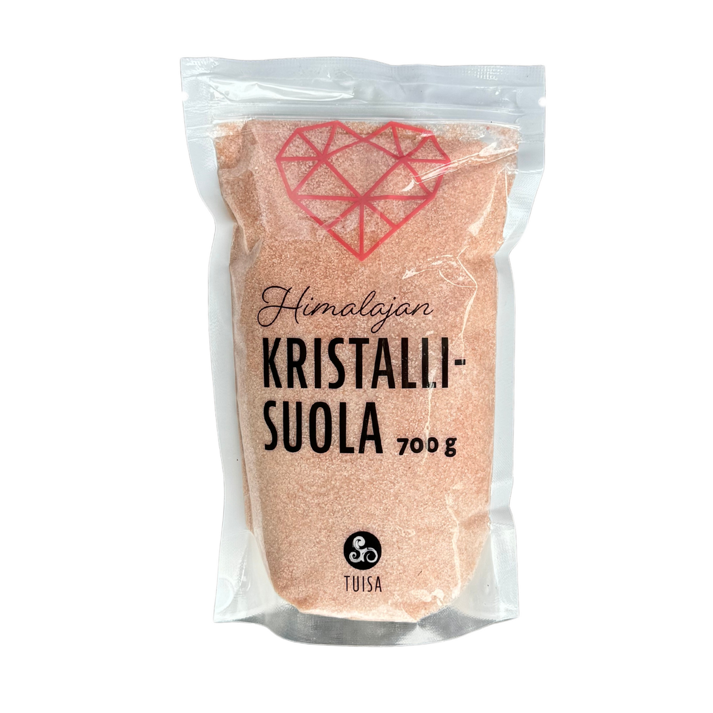 Kirkas muovipussi, joka sisältää 700 g vaaleanpunaista Himalajan kristallisuolaa, merkitty Himalajan Kristallisuola; pakkaus läpinäkyvä mattapinnalla ja suorakaiteen muotoinen, sisällä näkyvät karkeat vaaleanpunaiset suolakiteet; etiketissä groteski- ja lihavoitua kirjasinta, punainen geometrinen sydänkuvio sekä Tuisa-logo alaosassa; ei ihmisiä tai käsiä näkyvissä; tausta neutraali, tavanomainen tuotekuva.