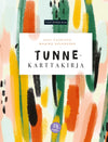 Kirjan kansi, jossa abstrakteja, värikkäitä siveltimenvetoja keltaisena, vihreänä, oranssina, vaaleanpunaisena ja mustana; keskellä otsikko Tunne-karttakirja sekä kirjoittajat Eevi Vuoristo ja Marika Rosenborg; suunnittelussa suomenkielistä tekstiä läpi kannen; kirja suorakaiteen muotoinen tasaisella mattapinnalla ilman näkyvää pakkausta; tausta neutraali ja siisti; typografia lihavoitua ja keskitettyä kannessa, kaikki teksti isokirjaimista groteskikirjasinta eri koossa; ei ihmisiä tai käsiä kuvassa.