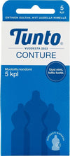 Tunto Conture; sininen laatikko Tunto Conture -kondomeille, kolme kondomin siluettia, suomenkielinen teksti ja pyöreä etiketti tekstillä "Uusi nimi, tuttu tuote"; pinta mattainen, laatikko suorakulmainen selkein linjoin; pakkauksen typografia sans-serifiä ja valkoista; luku "5" etusivulla; kuvan tausta valkoinen ilman ihmisiä tai muita esineitä.