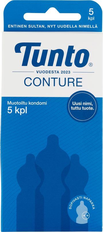 Tunto Conture; sininen laatikko Tunto Conture -kondomeille, kolme kondomin siluettia, suomenkielinen teksti ja pyöreä etiketti tekstillä "Uusi nimi, tuttu tuote"; pinta mattainen, laatikko suorakulmainen selkein linjoin; pakkauksen typografia sans-serifiä ja valkoista; luku "5" etusivulla; kuvan tausta valkoinen ilman ihmisiä tai muita esineitä.