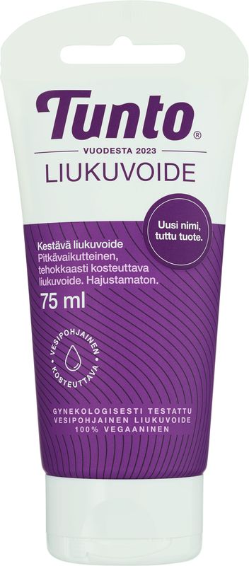 A tube of Tunto Liukuvoide, a 75 ml water-based, fragrance-free, vegan lubricant with purple and white packaging. The tube is plastic with a glossy finish and features clear printed text in sans-serif font. Words such as “gynecologically tested” and “long-lasting” are visible on the label. No people or hands. Plain background, product centered in the frame.