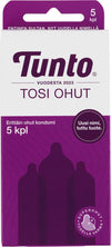 A box of Tunto Tosi Ohut condoms with a purple and white color scheme, matte finish, and rectangular shape. The front displays three outlined condom shapes, sans-serif typography, and Finnish text citing 5 pieces and super thin features. No people or hands visible. Shot is a straightforward product photo on a plain background.