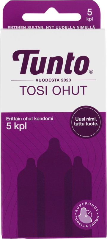 A box of Tunto Tosi Ohut condoms with a purple and white color scheme, matte finish, and rectangular shape. The front displays three outlined condom shapes, sans-serif typography, and Finnish text citing 5 pieces and super thin features. No people or hands visible. Shot is a straightforward product photo on a plain background.