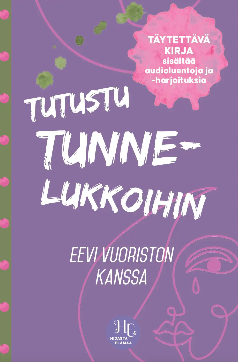 Tutustu tunnelukkoihin; kirjan kansi suomeksi otsikolla ”Tutustu tunne-lukkoihin Eevi Vuoriston kanssa”, abstrakteja vaaleanpunaisia, vihreitä ja valkoisia grafiikkamuotoja yksivärisellä violetilla taustalla; kansi litteä ja suorakaiteen muotoinen mattapinnalla; näkyvä pyöreä vaaleanpunainen tarra valkoisin tekstein lisäkuunneltavasta sisällöstä ja itsekehitysteemoista; ei ihmisiä näkyvissä; kuva suoraan edestä.