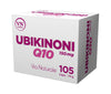 Ubikinoni Q10 150 mg -pakkaus (Via Naturale), 105 kapselia; valkoinen suorakulmainen rasia, violetti-musta lihavoitu teksti, VN Tiivisteet -logo, mattapinta
