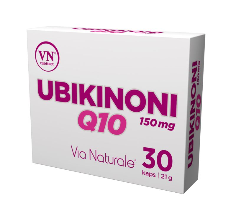 Ubikinoni Q10 150 mg -pakkaus (Via Naturale), 30 kapselia, 21 g; suorakulmainen kiiltäväpintainen valkoinen rasia, violetti-vaaleanpunainen groteskiteksti