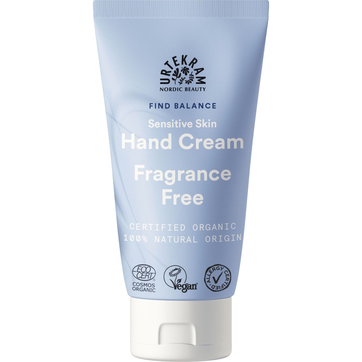 Urtekram Find Balance Fragrance Free Käsivoide; vaaleansininen mattapintainen puristeltava tuubi pystyssä; etiketissä valkoinen ja sininen groteskiteksti lihavoiduin tehostein, kertoo tuotteen olevan tuoksuton, luomusertifioitu, vegaaninen ja 100-prosenttisesti luonnollista alkuperää; valkoinen tausta, ei ihmisiä kuvassa, lähikuva studioympäristössä.