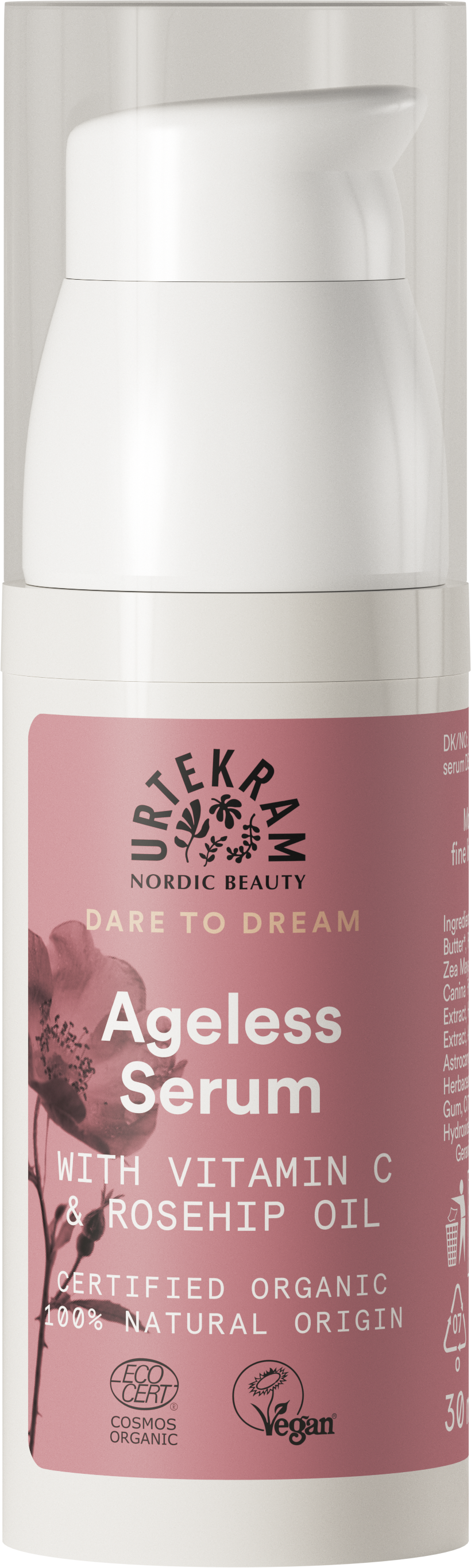 Urtekram Dare to Dream Ageless Seerumi, pullo ikääntymistä vastustavalle seerumille C-vitamiinilla, ruusunmarjaöljyllä ja vegaaneille sopivilla ainesosilla; etiketti korostaa luomusertifikaattia ja 100-prosenttisesti luonnollista alkuperää; pakkaus vaaleanpunainen kukkakuvioin; pullo sylinterimäinen mattapinnalla pumppuannostelijalla; etikettiteksti selkeällä groteskifontilla valkoisena ja hopeisena vaaleanpunaisella pohjalla; ei ihmisiä eikä käsiä näkyvissä, tausta yksinkertainen, tuote keskitettynä.