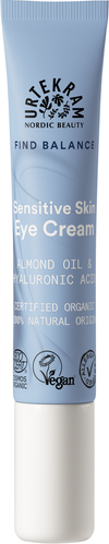 Urtekram Find Balance Fragrance Free Silmänympärysvoide, tuubi herkän ihon silmänympärysvoiteelle mantelöljyllä ja hyaluronihapolla; tuubi sylinterimäinen, muovia mattapinnalla, vaaleansinisestä valkoiseen liukuvin sävyin; sertifikaattilogot painettu etusivulle; groteskityyppi tuotenimelle ja tiedoille; kuva yksinkertaista taustaa vasten, ei ihmisiä eikä esineitä näkyvissä.