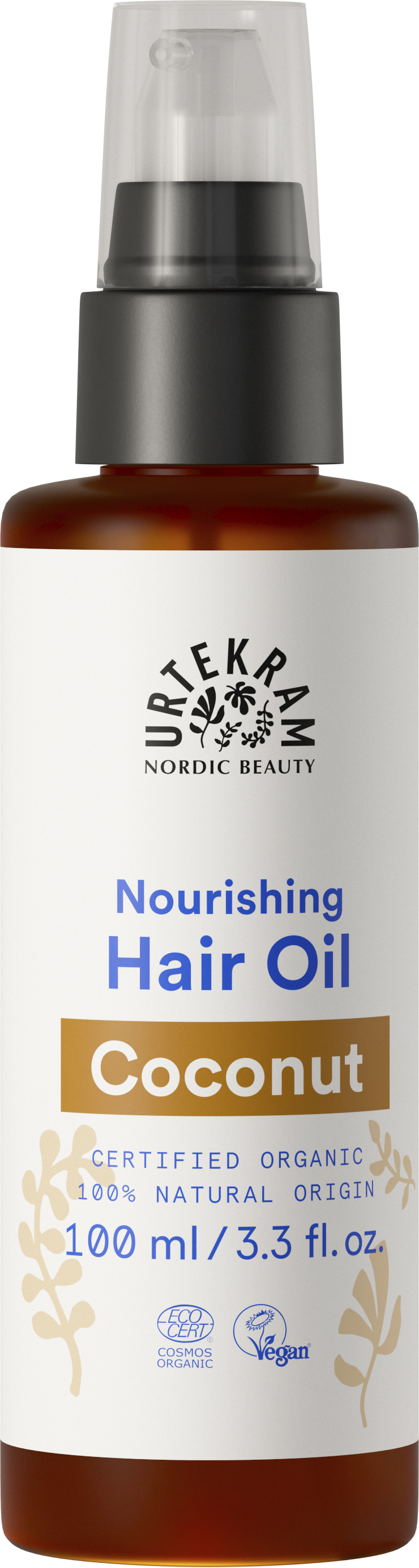 Urtekram Kookos Hiusöljy, pullo ravitsevalle Nordic Beauty -hiusöljylle kookospähkinä-versiona, 100 ml; pullo sylinterimäinen pumppuannostelijalla ja läpinäkyvä runko, jossa näkyy vaaleankeltaista öljyä; etiketti mattapintainen, beige tummalla groteskitekstillä; luettavassa etiketissä maininnat luomusertifikaatista, vegaanisuudesta, 100-prosenttisesta luonnollisesta alkuperästä ja kookosöljystä; ei ihmisiä eikä käsiä näkyvissä, tausta valkoinen, tuote keskitetty kuvaan.