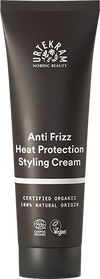 Urtekram Anti Frizz Heat Protection Styling Cream -tuubi, Cosmos Organic- ja Vegan-merkit