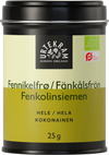 Urtekram Luomu Fenkolinsiemen, kokonainen; sylinterimäinen astia luomu-fenkolinsiemenille, merkitty usealla kielellä, vihreä-musta mattasuunnittelu, sisältää 25 grammaa tuoksuvia fenkolinsiemeniä; astia metallia muovikannella; teksti selkeä groteskifontilla brändille ja tuotetiedoille; pakkaus pystyssä valkoista taustaa vasten hyvin valaistussa keskitetyssä studiokuvassa, ei ihmisiä eikä käsiä näkyvissä.