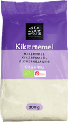 Urtekram Luomu Kikhernejauho; 300 gramman pussi Urtekram-luomukikhernejauhoa violetilla mattaetiketillä, selkeä monikielinen teksti ja luomusertifiointilogo; pakkaus suorakulmainen ja paperinen; tuotenimi lihavoidulla groteskikirjasimella, pienempi teksti alla; pussi pystyssä vaalealla taustalla; ei ihmisiä tai käsiä näkyvissä.