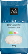 A blue 200g package of Urtekram organic coarse coconut flour with a transparent window showing white flour inside. The matte-finish rectangular bag displays product information in multiple languages, with clear white and black sans-serif typography. The label includes weights and an organic certification mark. The package stands upright against a plain, neutral background in a standard product shot.