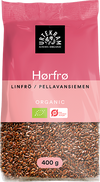 Urtekram Luomu Pellavansiemen, vaaleanpunainen 400 g pakkaus luomupellavansiemenille merkittynä "Hørfrø", luomusertifikaattisymbolit etusivulla; pakkaus mattapinnalla ja suorakulmainen tiivistetyin reunoin, painettu yksinkertaisella groteskitekstillä; tausta valkoinen, tuote keskitetty, ei ihmisiä eikä käsiä näkyvissä.
