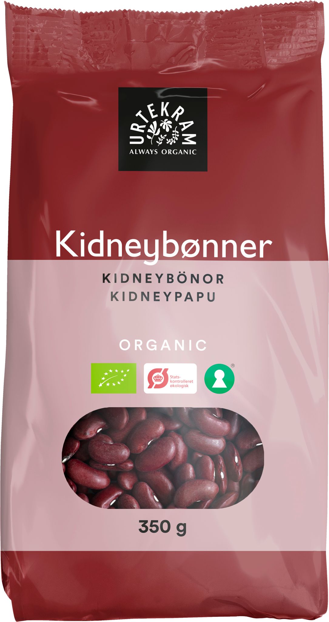 Urtekram Luomu Punainen Kidneypapu, 350 g pussi luomukidneypavuille kirkkaalla ikkunalla, joka näyttää eloisat pavut; pakkaus punainen ja valkoinen mattapinnalla, suorakulmainen muoto; monikielinen teksti ja sertifikaattilogot painettu groteskifontilla; tuotenimi ja paino näkyvästi esillä; tausta yksinkertainen ilman ihmisiä tai muita esineitä.