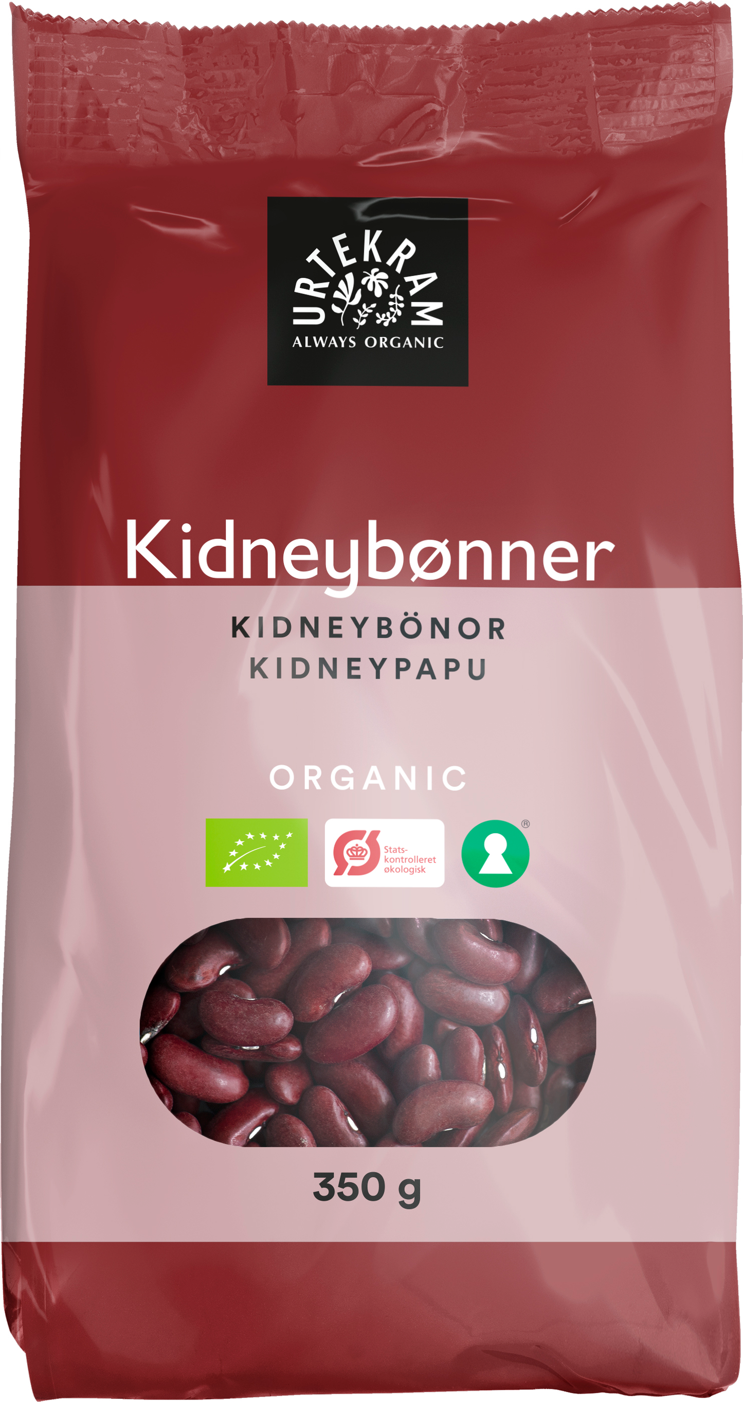 Urtekram Luomu Punainen Kidneypapu, 350 g pussi luomukidneypavuille kirkkaalla ikkunalla, joka näyttää eloisat pavut; pakkaus punainen ja valkoinen mattapinnalla, suorakulmainen muoto; monikielinen teksti ja sertifikaattilogot painettu groteskifontilla; tuotenimi ja paino näkyvästi esillä; tausta yksinkertainen ilman ihmisiä tai muita esineitä.