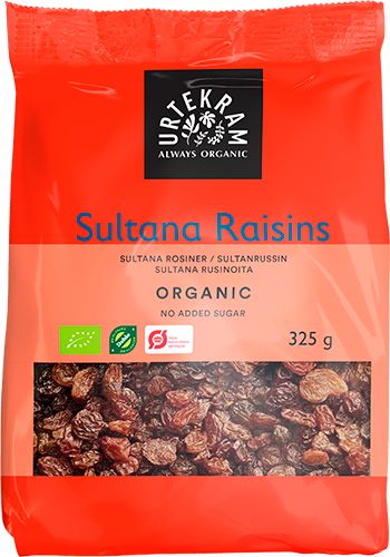 A 325g red package of Urtekram Organic Sultana Raisins is shown, featuring images of raisins, organic labels, and text highlighting no added sugar and always organic. The packaging is glossy plastic with a rectangular upright shape. The front includes white and green typography in varying sizes. All visible text is centered on the front panel. Background is plain white with no people or objects present.
