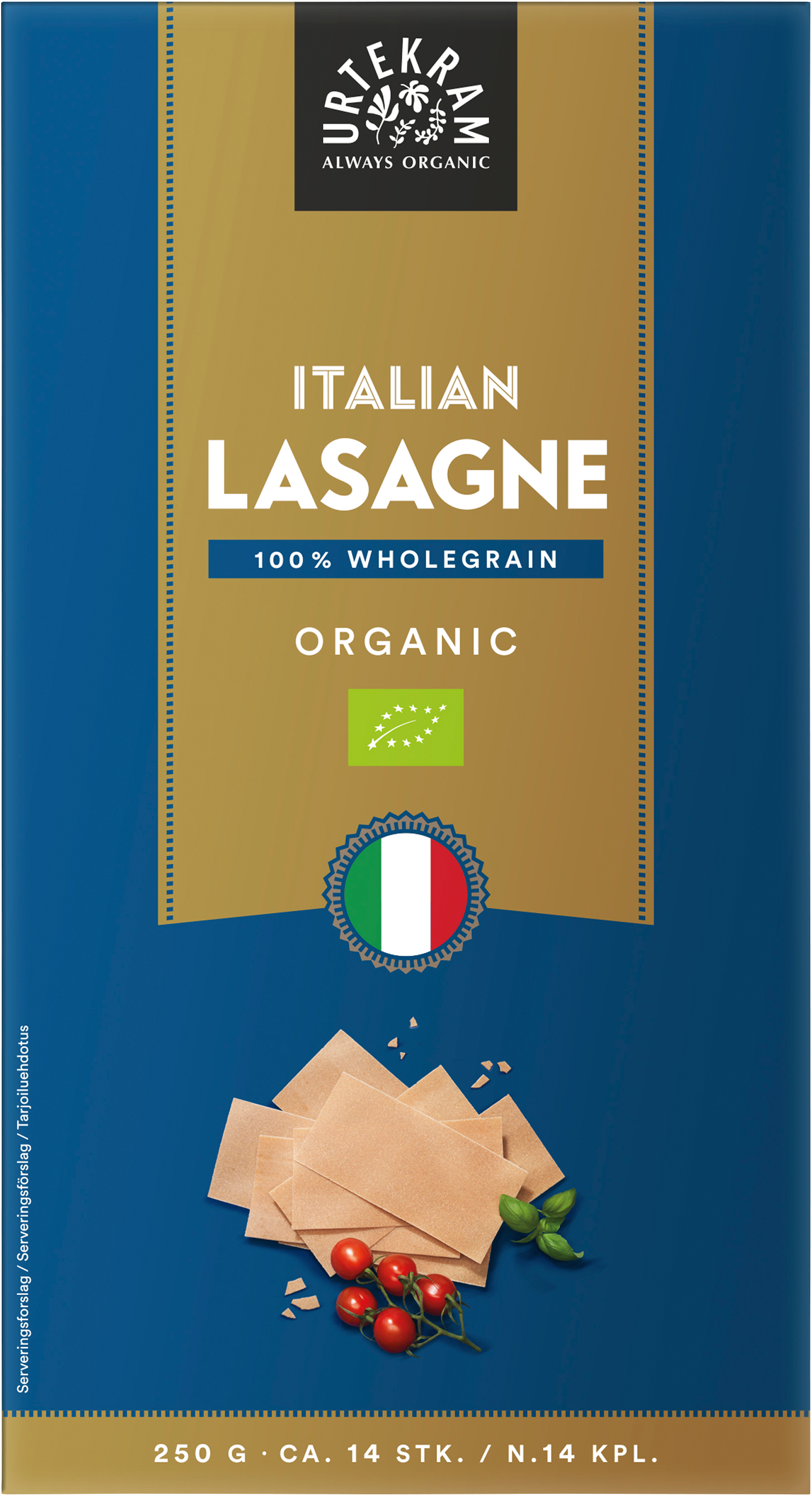 Urtekram Luomu Täysjyvälasagnelevy, sininen pakkaus luomulle italialaiselle lasagnelevylle, merkitty 100-prosenttisesti täysjyväiseksi; suorakulmainen laatikko mattapinnalla, Italian lipun kuvitus sekä pieniä tomaatin ja basilikan kuvituksia alaosassa; paino 250 g ja teksti "noin 14 täysjyvälevyä" etusivulla; groteskitypografia, tuotekuva yksinkertaisella taustalla, ei ihmisiä eikä käsiä näkyvissä.