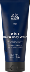 Urtekram Men 2in1 Hair & Body Wash, sininen tuubi hiusten ja vartalon pesuaineelle pajuhiilellä ja ginsenguutteella, luomu- ja vegaanimerkinnät, valmistettu 99-prosenttisesti luonnollisista ainesosista; tuubi pystyssä mattapinnalla ja pyöristetyllä korkilla, lihavoitua valkoista groteskitekstiä tuotenimelle, pienempää tekstiä lisätiedoille sekä etikettikuvakkeet näkyvissä; tausta valkoinen, ei ihmisiä eikä käsiä näkyvissä.