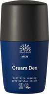 Urtekram Men Cream Deo, sininen-musta roll-on-deodoranttipullo tekstillä "Urtekram Nordic Beauty Men Cream Deo", sertifikaatit luomuainesosille ja vegaanituotteelle; sylinterimäinen muoto pyöristetyllä korkilla, mattapintaista muovia; lihavoitu valkoinen groteskitypografia sekä etiketissä että korkissa; tasokuva yksinkertaista valkoista taustaa vasten, ei ihmisiä eikä käsiä näkyvissä.