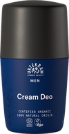Urtekram Men Cream Deo, sininen-musta roll-on-deodoranttipullo tekstillä "Urtekram Nordic Beauty Men Cream Deo", sertifikaatit luomuainesosille ja vegaanituotteelle; sylinterimäinen muoto pyöristetyllä korkilla, mattapintaista muovia; lihavoitu valkoinen groteskitypografia sekä etiketissä että korkissa; tasokuva yksinkertaista valkoista taustaa vasten, ei ihmisiä eikä käsiä näkyvissä.