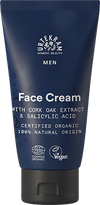 Urtekram Men Face Gel Cream, sininen puristustuubi Nordic Beauty Men Face Creamille; tuubi mattapintainen valkoisin ja vaaleanvihrein groteskitekstein; pakkaus sylinterimäinen, kapeneva kohti korkkia, joka on myös sininen; luettavassa etiketissä korkkiuute, salisyylihappo, 100-prosenttisesti luonnollisen alkuperän ainesosat ja luomusertifikaatti; EcoCert- ja vegaanilogot näkyvissä; tausta vaalea ja yksinkertainen, ei ihmisiä eikä rekvisiittaa.