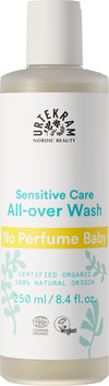 Urtekram No Perfume Baby Pesuneste, pullo Nordic Beauty -kokovartalopesuaineelle merkittynä "No Perfume Baby", 250 ml, luomusertifioitu ja vegaaninen, valmistettu 100-prosenttisesti luonnollisen alkuperän ainesosista; sylinterimäinen muovipullo valkoinen mattapinnalla, sinistä ja keltaista tekstiä sekä kasvikuvituksia; pakkaus sisältää pumppuannostelijan; teksti groteskifontilla; tausta valkoinen, ei ihmisiä eikä käsiä näkyvissä.