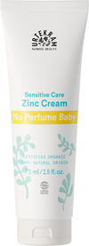 Urtekram No Perfume Baby Sinkkivoide, tuubi vauvojen sinkkivoiteelle merkittynä "Sensitive Care", "No Perfume Baby" ja "Certified Organic"; pakkaus valkoinen mattapintainen puristustuubi litteällä läppäkorkilla; tekstin värit sinistä ja keltaista, etusivulla vihreitä lehtikuvituksia; fonttityyli moderni ja groteskinen; kuvan tausta valkoinen, ei ihmisiä eikä lisäesineitä näkyvissä.