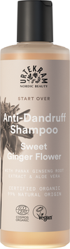 Urtekram Start Over Sweet Ginger Anti-Dandruff Shampoo, pullo hilseenvastaiselle shampoolle makean inkiväärikukan tuoksulla, sisältää vegaani- ja luomusertifikaatit sekä ainesosia kuten panax-ginsengjuuriuutetta ja aloe veraa, lisäksi beige korkki; pullo sylinterimäinen mattapinnalla; etiketti moderni groteskityppografia valkoisena oranssinruskealla pohjalla; ei ihmisiä eikä käsiä näkyvissä; kuvattu valkoista taustaa vasten keskitettynä.
