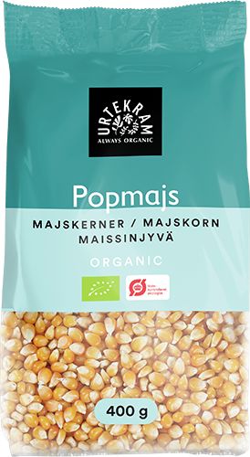 Urtekram Luomu Popcorn maissinjyvät -pussi, 400 g, sininen-valkoinen-vihreä matta pakkaus; suorakulmainen pystysuora pussi, groteskiteksti useilla kielillä, luomumerkit, ei kuvituskuvia
