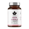 Puhdistamo Vahva Karpalo + D-mannoosi, 60 kapselia naisten hyvinvointiin ja virtsateiden terveyden tukemiseen; pullo sylinterimäinen mustalla muovisella kierrekorkilla; etiketti mattavalkoinen mustin ja vaaleanpunaisin groteskitekstein, keskellä hopeanvärinen vaahterainlehden logo, ei muita kuvituksia; tausta valkoinen ja studiovalaistu, ei ihmisiä eikä käsiä näkyvissä.
