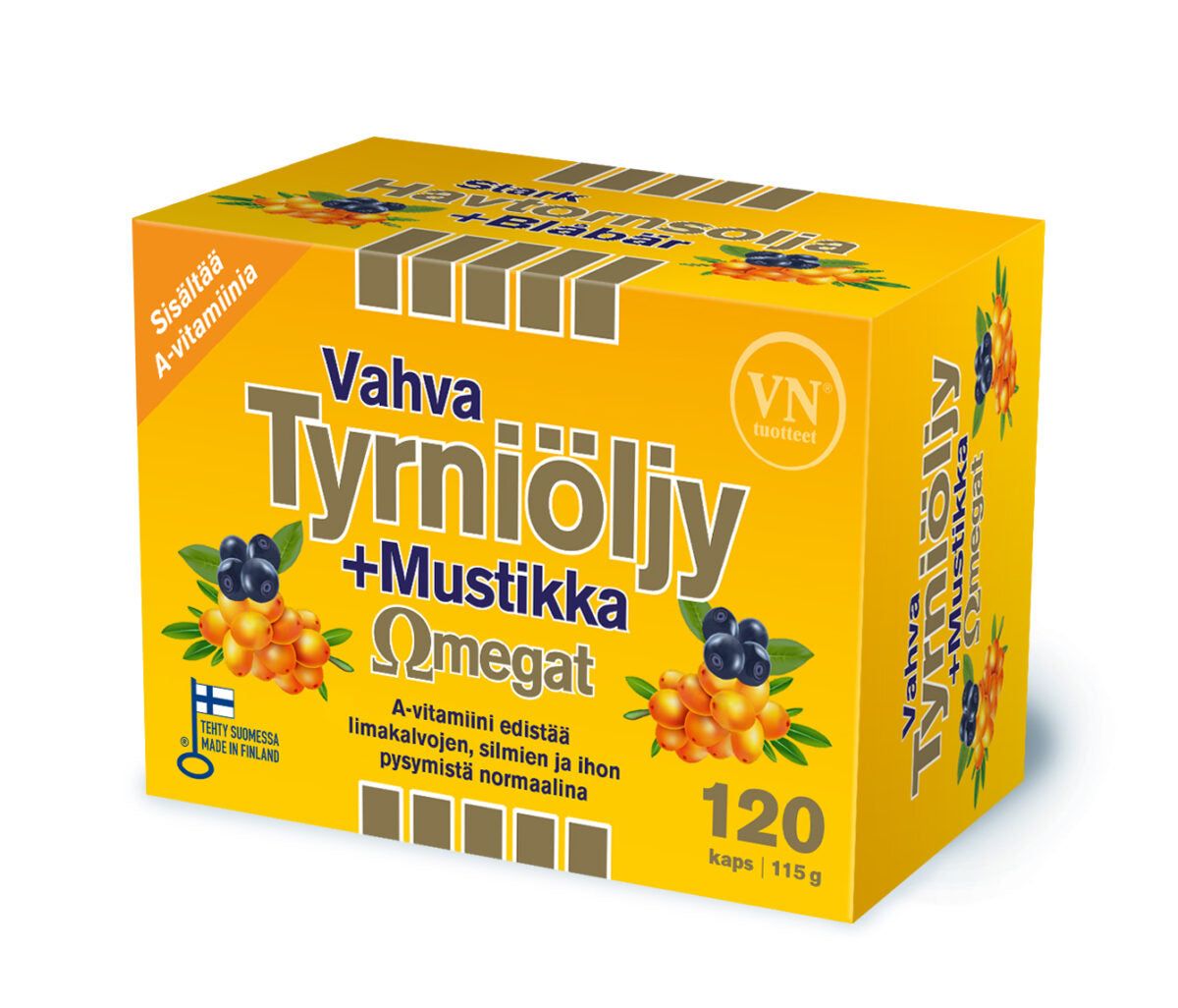Vahva Tyrniöljy + Mustikka Omegat -pakkaus, keltainen, 120 kapselia, marjakuvitusta; mattapinta, musta-tummansininen lihavoitu groteskiteksti