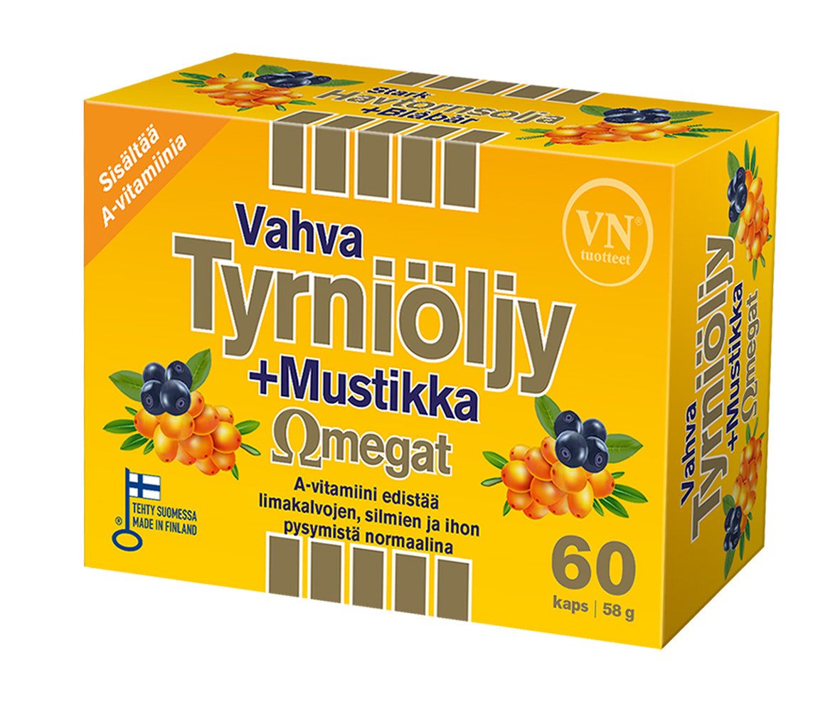 Vahva Tyrniöljy + Mustikka Omegat -pakkaus, keltainen, 60 kapselia, tyrnimarja- ja mustikkakuvat; suomenkielinen lihavoitu teksti, mainitsee A-vitamiinin ja suomalaisen alkuperän