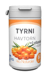 A container of Via Naturale TYRNI HAVTORN vitamin C tablets, featuring an image of sea buckthorn berries and leaves; the label is primarily orange and white with clear legible text. The bottle is cylindrical plastic with a matte finish. Typography on the label is bold and sans-serif. The shot shows only the product against a plain background, with no people or other objects visible.