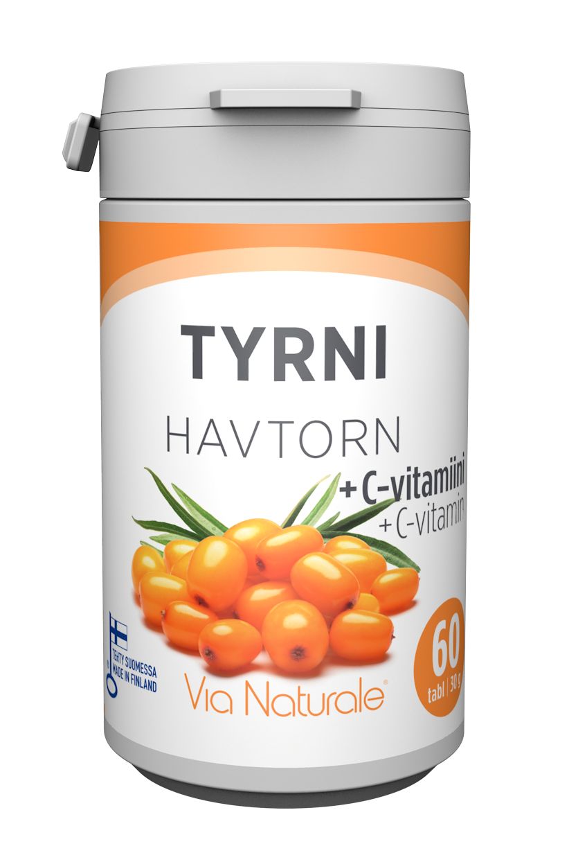 A container of Via Naturale TYRNI HAVTORN vitamin C tablets, featuring an image of sea buckthorn berries and leaves; the label is primarily orange and white with clear legible text. The bottle is cylindrical plastic with a matte finish. Typography on the label is bold and sans-serif. The shot shows only the product against a plain background, with no people or other objects visible.