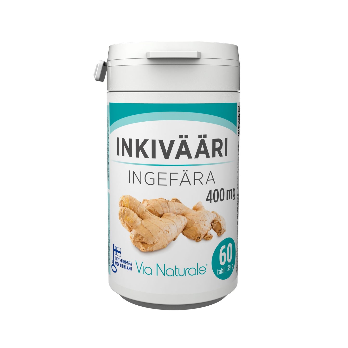 Via Naturale Inkivääri -pullo, valkoinen muovipullo mattapinnalla, sylinterimäinen muoto ja kierrekorkki; etiketti painettu tekstausvapaalla fontilla, tekstissä "INKIVÄÄRI INGEFÄRA 400 mg" ja kuva inkiväärinjuuresta; teksti ilmoittaa 60 tablettia Via Naturalelta ja mainitsee inkiväärinuutteen; tausta yksinkertainen, ei ihmisiä tai käsiä näkyvissä.