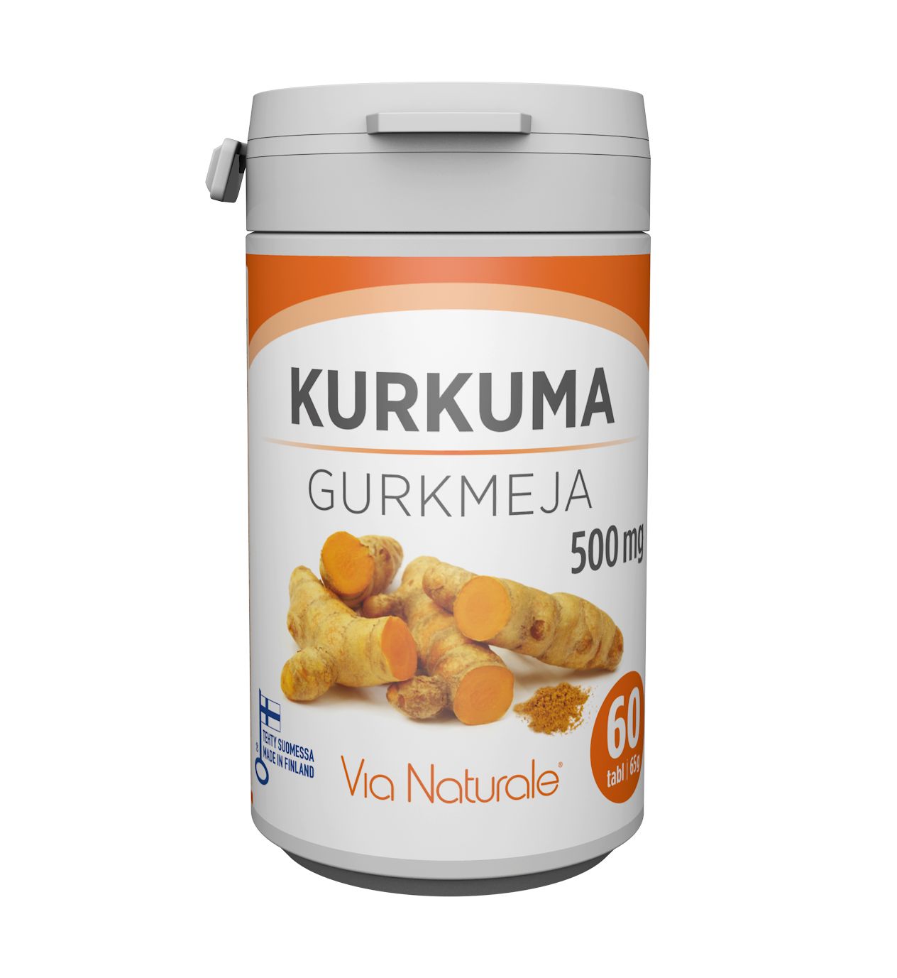 Kurkuma Gurkmeja 500 mg -pullo, valkoinen muovipullo valkoisella korkilla, mattapinnalla, sylinterimäinen muoto; etiketissä teksti lihavoidulla tekstausvapaalla fontilla, kuvia kurkumanjuurista ja oranssia jauhetta; pullo sisältää 60 kurkumaravintolisätablettia; tausta täysin valkoinen, ei ihmisiä tai esineitä näkyvissä; kuva keskitetty ja suoraan edestä otettu.