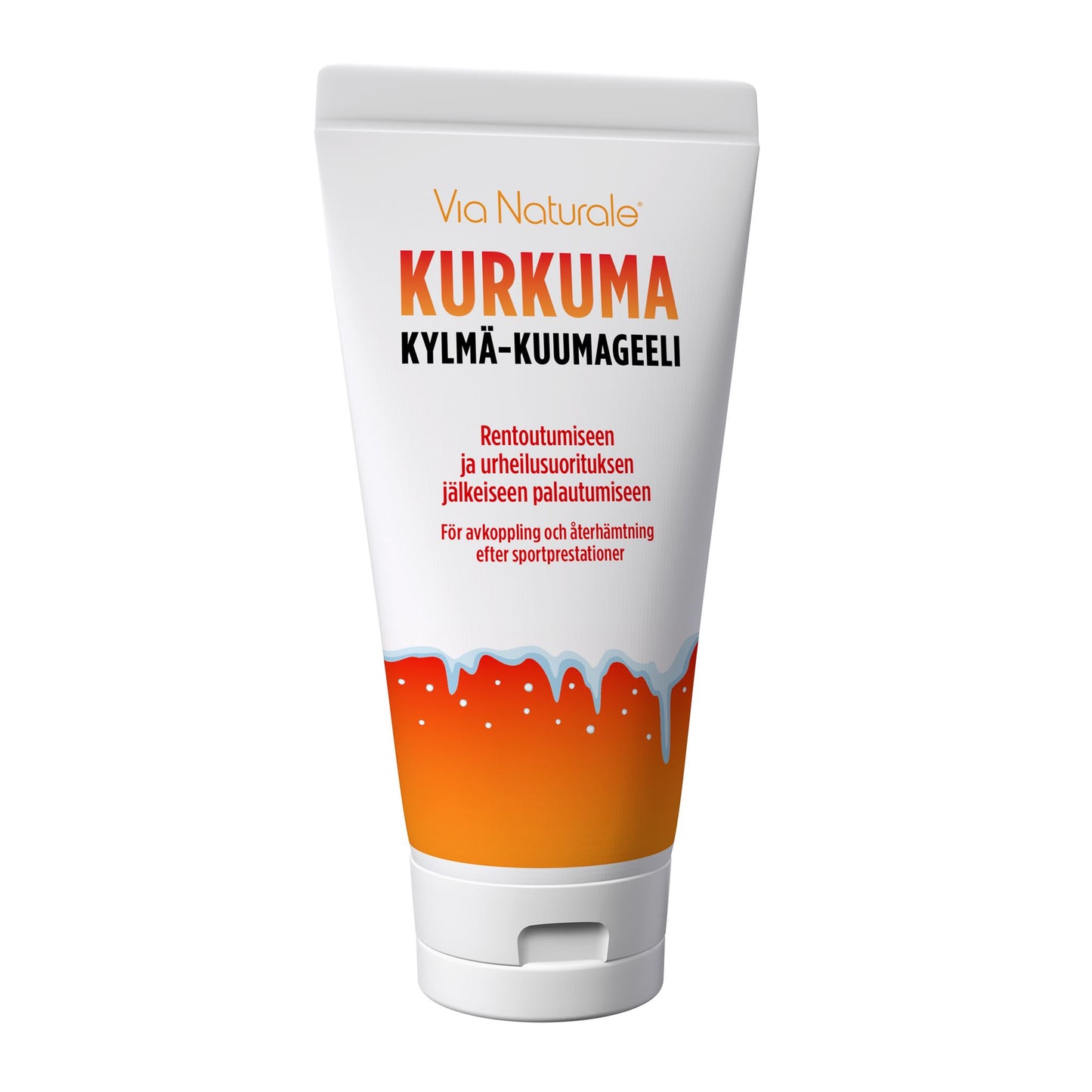 Via Naturale Kurkuma Kylmä-Kuumageeli; valkoinen ja oranssi tuubi tekstillä "Via Naturale Kurkuma Kylmä-Kuumageeli", suomenkielinen teksti korostaa rentoutumista ja urheilusta palautumista; tuubi lieriömäinen mattapinnalla, alaosassa oranssi liukuväri ja sen yläpuolella aaltoileva valkoinen viiva; etiketin teksti lihavoitua groteskia; tuote kuvattu vaalealla taustalla.
